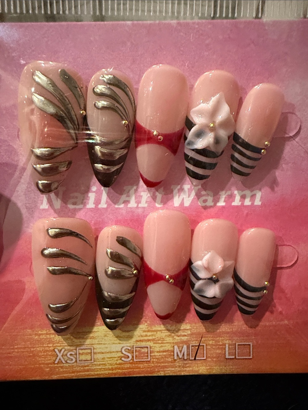 Handmade acrylic Black and red French tip and 3D flora design press on nails